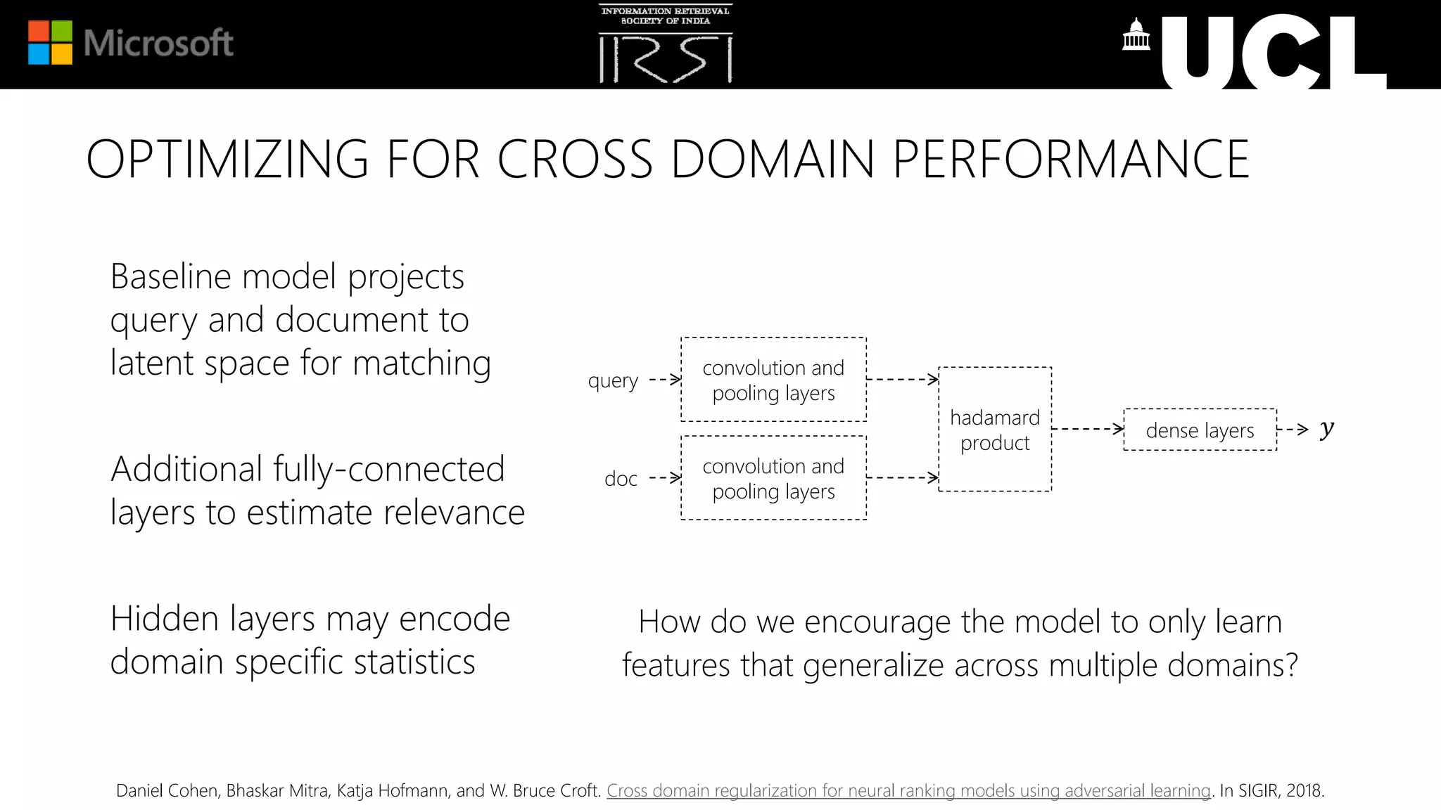 Baseline model projects
query and document to
latent space for matching
Additional fully-connected
layers to estimate relevance
Hidden layers may encode
domain specific statistics
convolution and
pooling layers
convolution and
pooling layers
hadamard
product
dense layers 𝑦
query
doc
How do we encourage the model to only learn
features that generalize across multiple domains?
OPTIMIZING FOR CROSS DOMAIN PERFORMANCE
Daniel Cohen, Bhaskar Mitra, Katja Hofmann, and W. Bruce Croft. Cross domain regularization for neural ranking models using adversarial learning. In SIGIR, 2018.
 