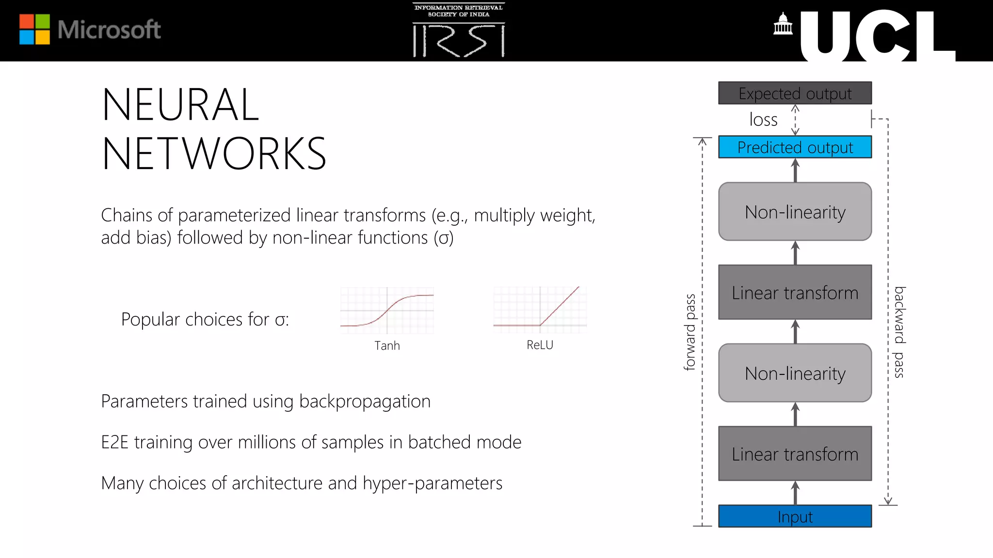 NEURAL
NETWORKS
Chains of parameterized linear transforms (e.g., multiply weight,
add bias) followed by non-linear functions (σ)
Popular choices for σ:
Parameters trained using backpropagation
E2E training over millions of samples in batched mode
Many choices of architecture and hyper-parameters
Non-linearity
Input
Linear transform
Non-linearity
Linear transform
Predicted output
forwardpass
backwardpass
Expected output
loss
Tanh ReLU
 