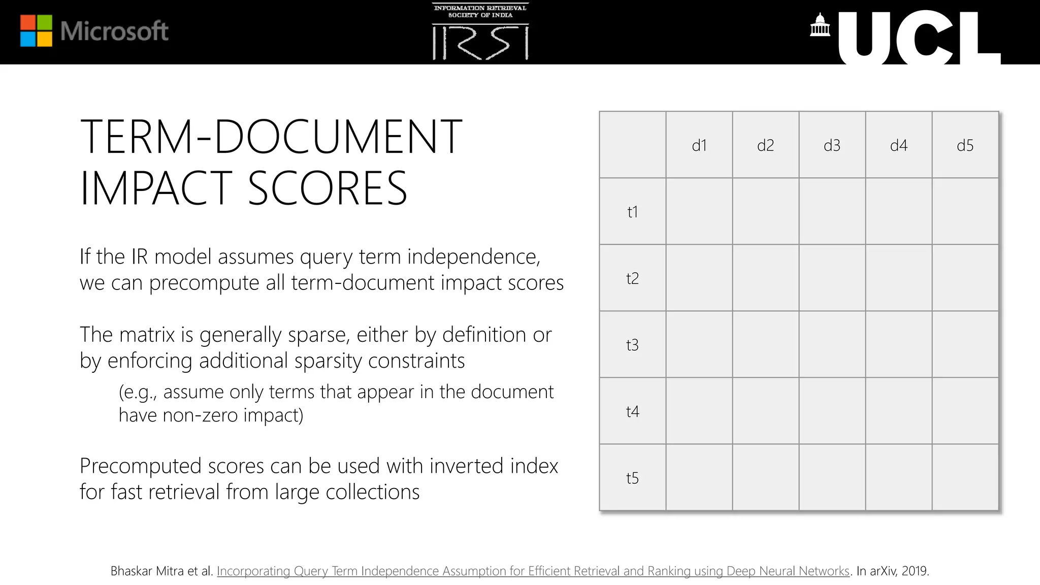 TERM-DOCUMENT
IMPACT SCORES
d1 d2 d3 d4 d5
t1
t2
t3
t4
t5
If the IR model assumes query term independence,
we can precompute all term-document impact scores
The matrix is generally sparse, either by definition or
by enforcing additional sparsity constraints
(e.g., assume only terms that appear in the document
have non-zero impact)
Precomputed scores can be used with inverted index
for fast retrieval from large collections
Bhaskar Mitra et al. Incorporating Query Term Independence Assumption for Efficient Retrieval and Ranking using Deep Neural Networks. In arXiv, 2019.
 