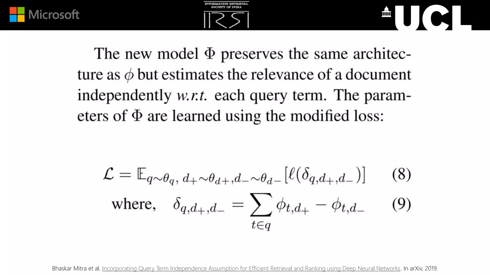 Bhaskar Mitra et al. Incorporating Query Term Independence Assumption for Efficient Retrieval and Ranking using Deep Neural Networks. In arXiv, 2019.
 
