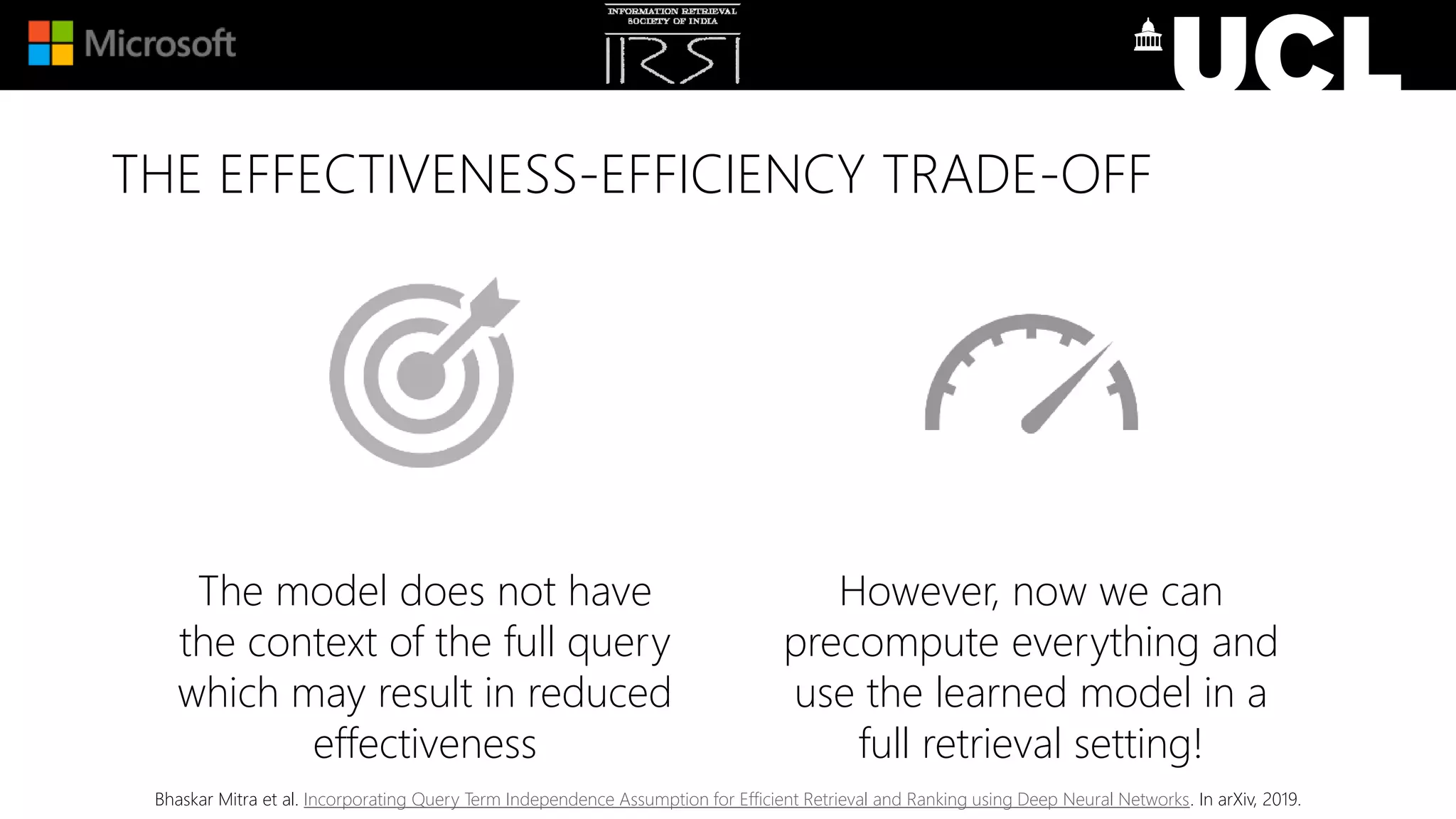 THE EFFECTIVENESS-EFFICIENCY TRADE-OFF
The model does not have
the context of the full query
which may result in reduced
effectiveness
However, now we can
precompute everything and
use the learned model in a
full retrieval setting!
Bhaskar Mitra et al. Incorporating Query Term Independence Assumption for Efficient Retrieval and Ranking using Deep Neural Networks. In arXiv, 2019.
 