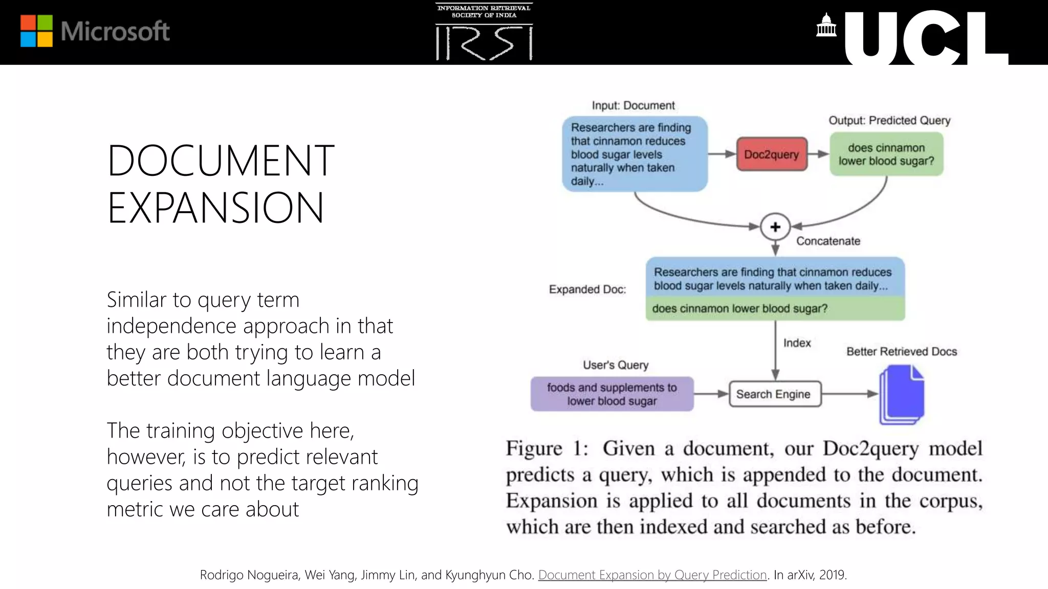 DOCUMENT
EXPANSION
Similar to query term
independence approach in that
they are both trying to learn a
better document language model
The training objective here,
however, is to predict relevant
queries and not the target ranking
metric we care about
Rodrigo Nogueira, Wei Yang, Jimmy Lin, and Kyunghyun Cho. Document Expansion by Query Prediction. In arXiv, 2019.
 