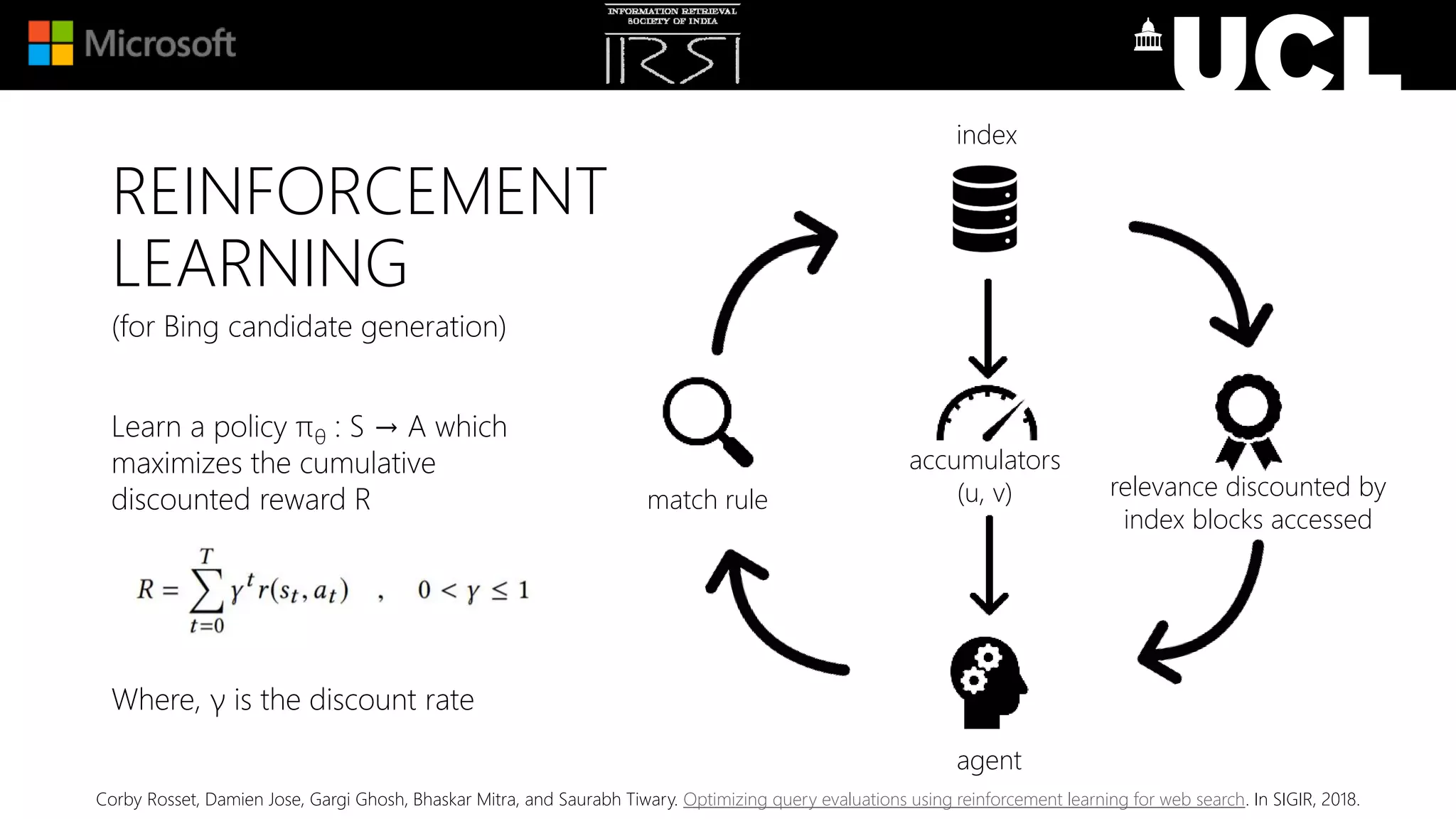 (for Bing candidate generation)
Learn a policy πθ : S → A which
maximizes the cumulative
discounted reward R
Where, γ is the discount rate
index
match rule relevance discounted by
index blocks accessed
agent
accumulators
(u, v)
REINFORCEMENT
LEARNING
Corby Rosset, Damien Jose, Gargi Ghosh, Bhaskar Mitra, and Saurabh Tiwary. Optimizing query evaluations using reinforcement learning for web search. In SIGIR, 2018.
 