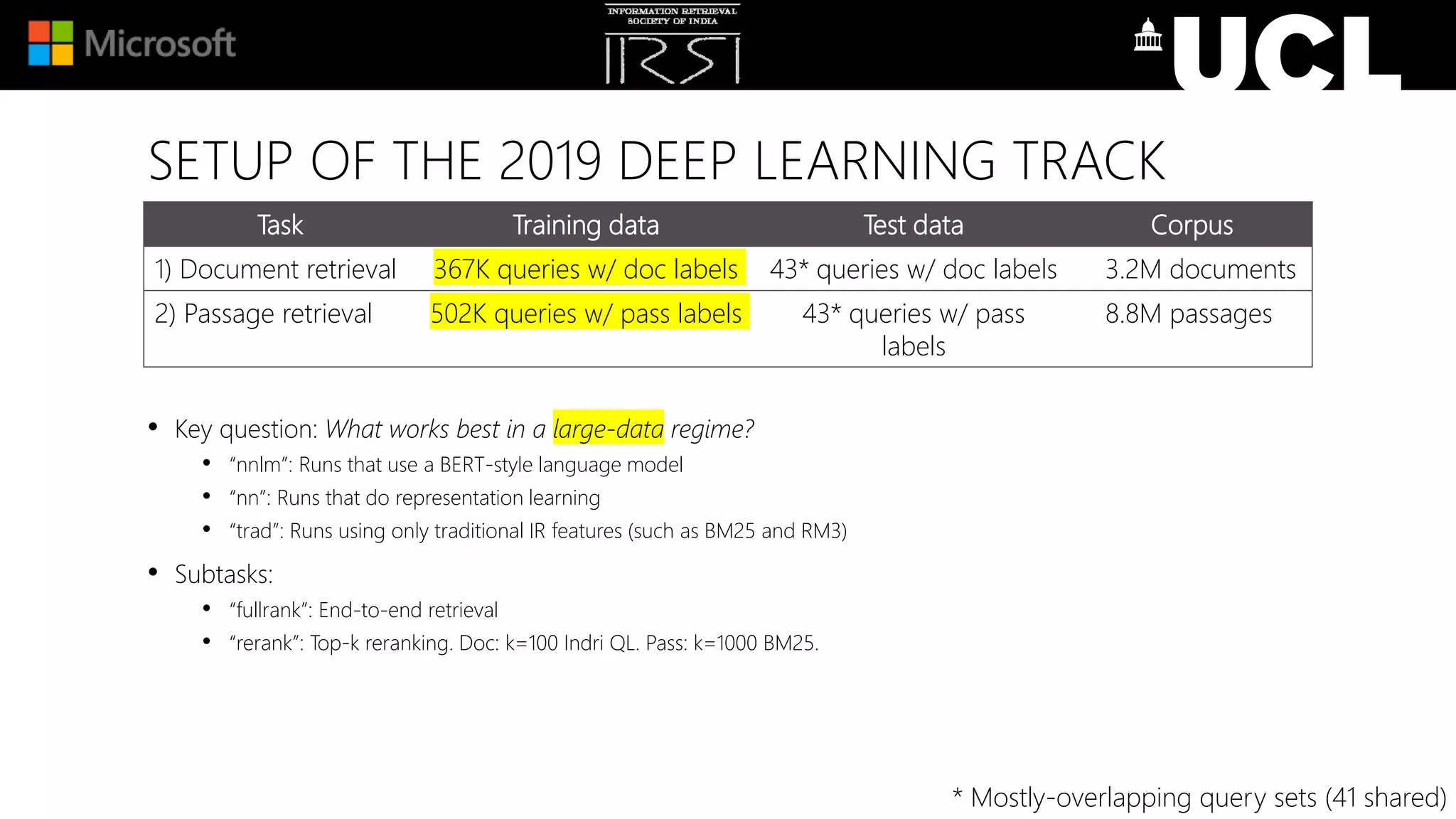 SETUP OF THE 2019 DEEP LEARNING TRACK
• Key question: What works best in a large-data regime?
• “nnlm”: Runs that use a BERT-style language model
• “nn”: Runs that do representation learning
• “trad”: Runs using only traditional IR features (such as BM25 and RM3)
• Subtasks:
• “fullrank”: End-to-end retrieval
• “rerank”: Top-k reranking. Doc: k=100 Indri QL. Pass: k=1000 BM25.
Task Training data Test data Corpus
1) Document retrieval 367K queries w/ doc labels 43* queries w/ doc labels 3.2M documents
2) Passage retrieval 502K queries w/ pass labels 43* queries w/ pass
labels
8.8M passages
* Mostly-overlapping query sets (41 shared)
 