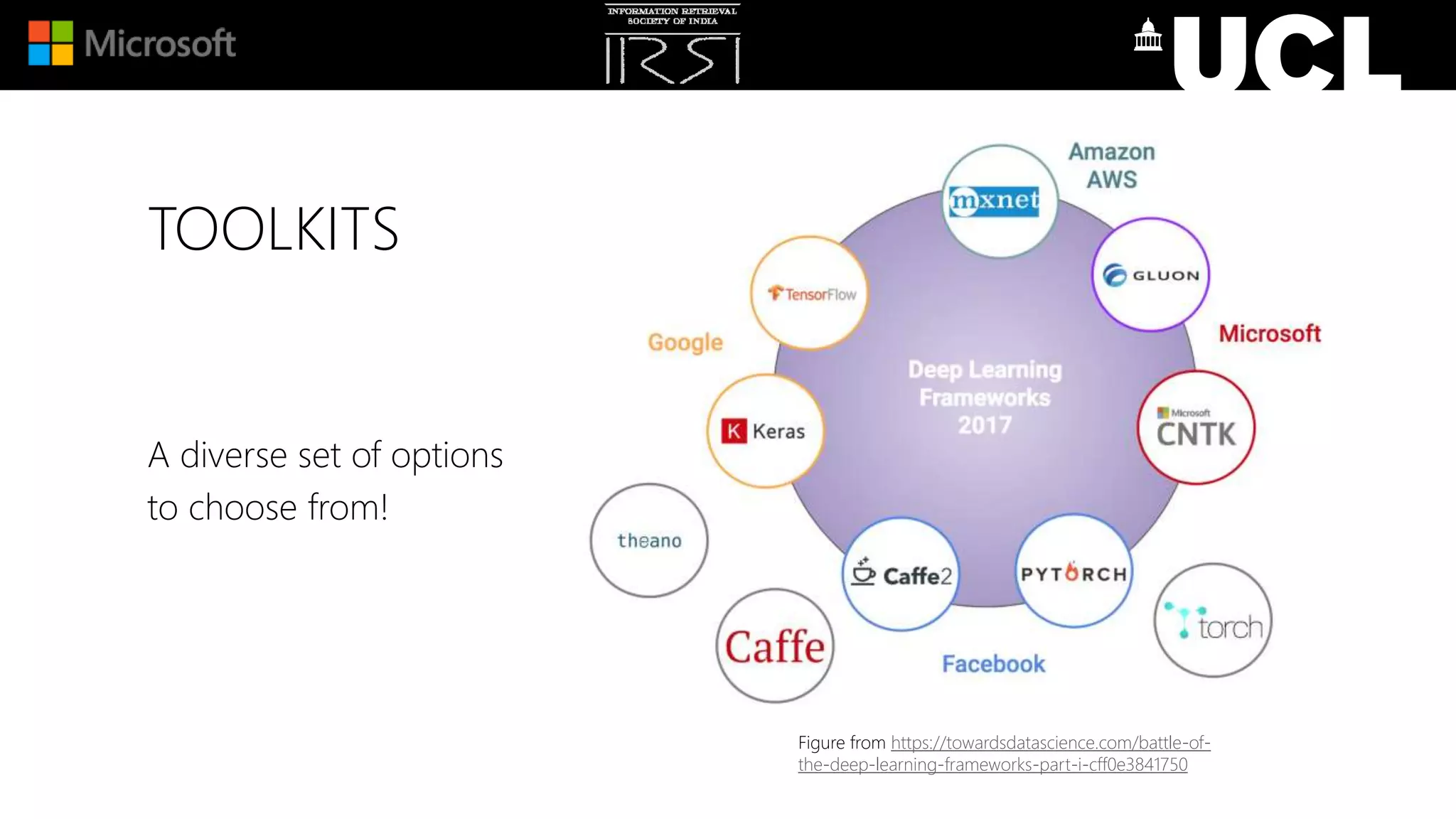 TOOLKITS
A diverse set of options
to choose from!
Figure from https://towardsdatascience.com/battle-of-
the-deep-learning-frameworks-part-i-cff0e3841750
 
