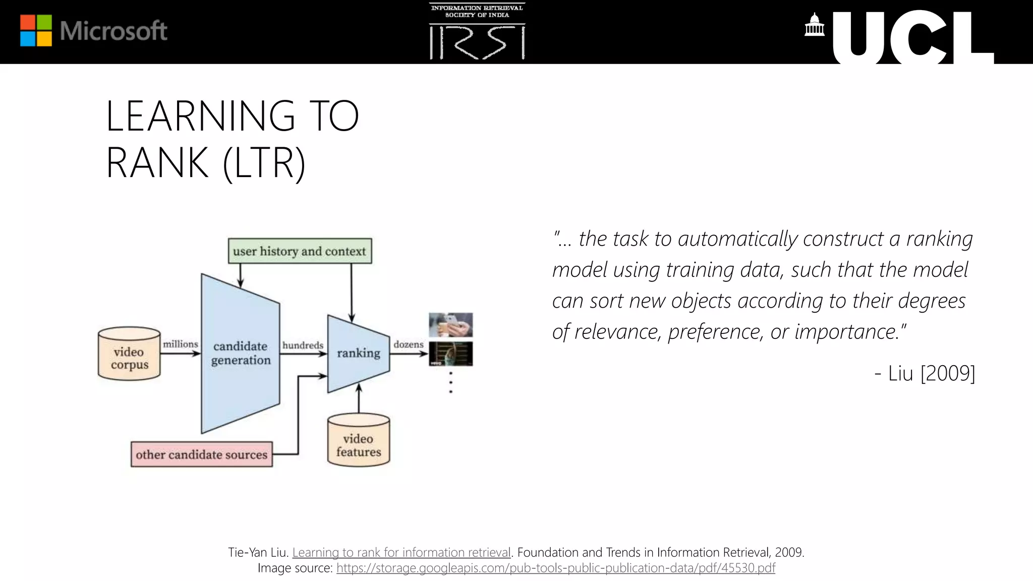 LEARNING TO
RANK (LTR)
”... the task to automatically construct a ranking
model using training data, such that the model
can sort new objects according to their degrees
of relevance, preference, or importance.”
- Liu [2009]
Tie-Yan Liu. Learning to rank for information retrieval. Foundation and Trends in Information Retrieval, 2009.
Image source: https://storage.googleapis.com/pub-tools-public-publication-data/pdf/45530.pdf
 