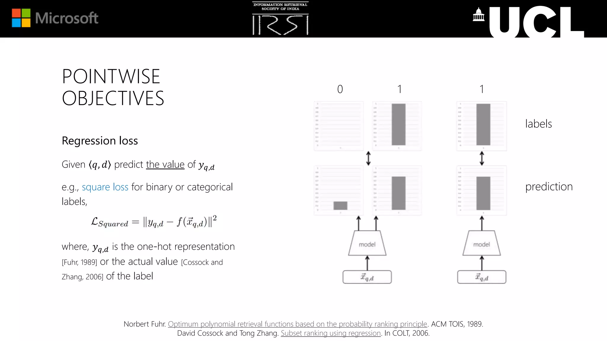 POINTWISE
OBJECTIVES
Regression loss
Given 𝑞, 𝑑 predict the value of 𝑦 𝑞,𝑑
e.g., square loss for binary or categorical
labels,
where, 𝑦 𝑞,𝑑 is the one-hot representation
[Fuhr, 1989] or the actual value [Cossock and
Zhang, 2006] of the label
Norbert Fuhr. Optimum polynomial retrieval functions based on the probability ranking principle. ACM TOIS, 1989.
David Cossock and Tong Zhang. Subset ranking using regression. In COLT, 2006.
labels
prediction
0 1 1
 