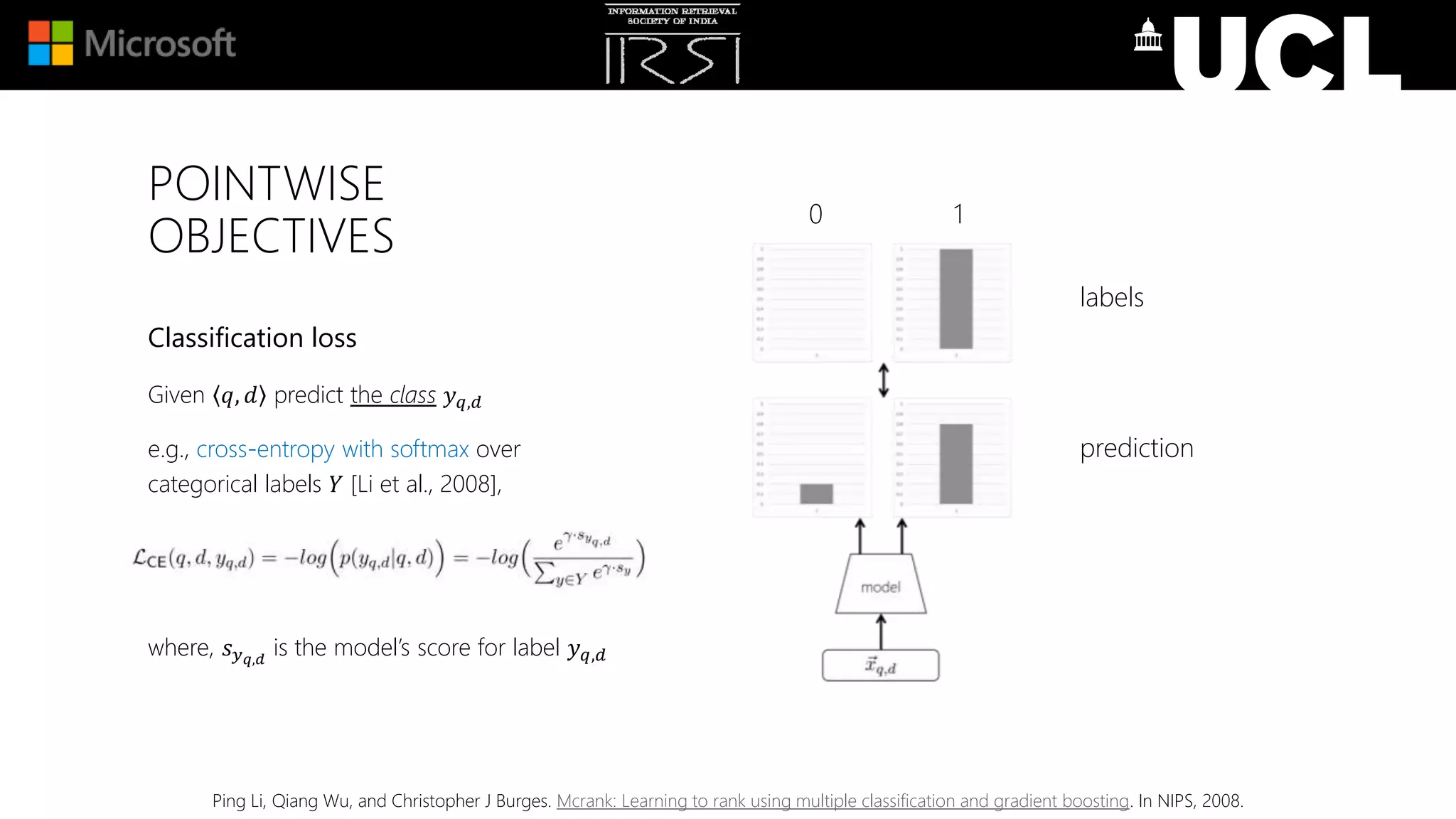 POINTWISE
OBJECTIVES
Classification loss
Given 𝑞, 𝑑 predict the class 𝑦 𝑞,𝑑
e.g., cross-entropy with softmax over
categorical labels 𝑌 [Li et al., 2008],
where, 𝑠 𝑦 𝑞,𝑑
is the model’s score for label 𝑦 𝑞,𝑑
labels
prediction
0 1
Ping Li, Qiang Wu, and Christopher J Burges. Mcrank: Learning to rank using multiple classification and gradient boosting. In NIPS, 2008.
 