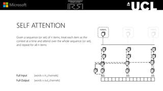 SELF ATTENTION
Given a sequence (or set) of n items, treat each item as the
context at a time and attend over the whole sequence (or set),
and repeat for all n items
Full Input [words x in_channels]
Full Output [words x out_channels]
 
