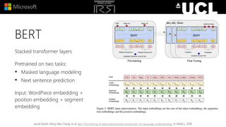 BERT
Stacked transformer layers
Pretrained on two tasks:
• Masked language modeling
• Next sentence prediction
Input: WordPiece embedding +
position embedding + segment
embedding
Jacob Devlin, Ming-Wei Chang, et al. Bert: Pre-training of deep bidirectional transformers for language understanding. In NAACL, 2018.
 