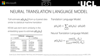 NEURAL TRANSLATION LANGUAGE MODEL
Translation Language Model:
Neural Translation Language Model:
TLM estimates 𝑝 𝑡 𝑞|𝑡 𝑑 from q-d paired data
similar to statistical machine translation
NTLM uses term-term similarity in the
embedding space to estimate 𝑝 𝑡 𝑞|𝑡 𝑑
Guido Zuccon, Bevan Koopman, Peter Bruza, and Leif Azzopardi. Integrating and evaluating neural word embeddings in information retrieval. In ADCS, 2015.
 