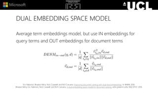 DUAL EMBEDDING SPACE MODEL
Eric Nalisnick, Bhaskar Mitra, Nick Craswell, and Rich Caruana. Improving document ranking with dual word embeddings. In WWW, 2016.
Bhaskar Mitra, Eric Nalisnick, Nick Craswell, and Rich Caruana. A dual embedding space model for document ranking. arXiv preprint arXiv:1602.01137, 2016.
Average term embeddings model, but use IN embeddings for
query terms and OUT embeddings for document terms
 