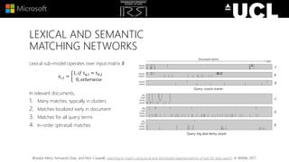 LEXICAL AND SEMANTIC
MATCHING NETWORKS
Lexical sub-model operates over input matrix 𝑋
𝑥𝑖,𝑗 =
1, 𝑖𝑓 𝑡 𝑞,𝑖 = 𝑡 𝑑,𝑗
0, 𝑜𝑡ℎ𝑒𝑟𝑤𝑖𝑠𝑒
In relevant documents,
1. Many matches, typically in clusters
2. Matches localized early in document
3. Matches for all query terms
4. In-order (phrasal) matches
Bhaskar Mitra, Fernando Diaz, and Nick Craswell. Learning to match using local and distributed representations of text for web search. In WWW, 2017.
 
