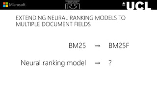 EXTENDING NEURAL RANKING MODELS TO
MULTIPLE DOCUMENT FIELDS
BM25
Neural ranking model
→
→
BM25F
?
 