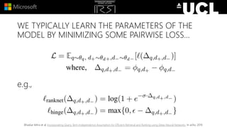 WE TYPICALLY LEARN THE PARAMETERS OF THE
MODEL BY MINIMIZING SOME PAIRWISE LOSS…
e.g.,
Bhaskar Mitra et al. Incorporating Query Term Independence Assumption for Efficient Retrieval and Ranking using Deep Neural Networks. In arXiv, 2019.
 