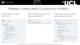 TRAINING A SIMPLE IMAGE CLASSIFIER W/ PYTORCH
First, we define the model
architecture
Next, we specify loss function and
optimization algorithm
Finally, loop over training data to
optimize model parameters
https://pytorch.org/tutorials/beginner/blitz/cifar10_tutorial.html#sphx-glr-beginner-blitz-cifar10-tutorial-py
 