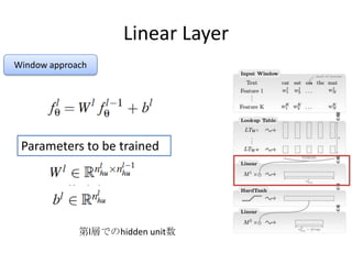 Linear Layer
Window approach
Parameters to be trained
第l層でのhidden unit数
 