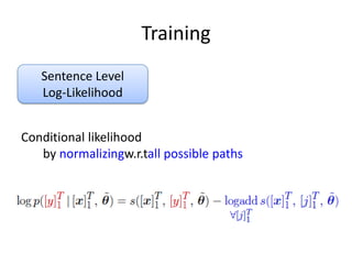 Training
Sentence Level
Log-Likelihood
Conditional likelihood
by normalizingw.r.tall possible paths
 