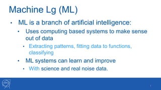Machine Lg (ML)
• ML is a branch of artificial intelligence:
• Uses computing based systems to make sense
out of data
• Extracting patterns, fitting data to functions,
classifying
• ML systems can learn and improve
• With science and real noise data.
1
 