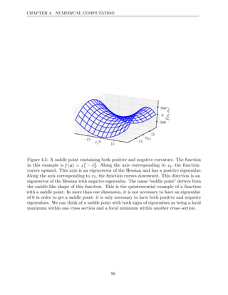 CHAPTER 4. NUMERICAL COMPUTATION

󰤓



󰤓









󰤓


Figure 4.5: A saddle point containing both positive and negative curvature. The function
in this example is f (x) = x2
1 − x2
2. Along the axis corresponding to x1, the function
curves upward. This axis is an eigenvector of the Hessian and has a positive eigenvalue.
Along the axis corresponding to x2, the function curves downward. This direction is an
eigenvector of the Hessian with negative eigenvalue. The name “saddle point” derives from
the saddle-like shape of this function. This is the quintessential example of a function
with a saddle point. In more than one dimension, it is not necessary to have an eigenvalue
of 0 in order to get a saddle point: it is only necessary to have both positive and negative
eigenvalues. We can think of a saddle point with both signs of eigenvalues as being a local
maximum within one cross section and a local minimum within another cross section.
90
 