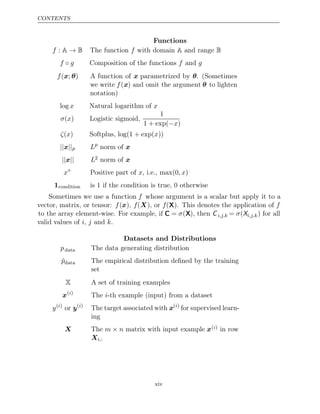 CONTENTS
Functions
f f
: A B
→ The function with domain and range
A B
f g f g
◦ Composition of the functions and
f( ; )
x θ A function of x parametrized by θ. (Sometimes
we write f(x) and omit the argument θ to lighten
notation)
log x x
Natural logarithm of
σ x
( ) Logistic sigmoid,
1
1 + exp( )
−x
ζ x x
( ) log(1 + exp(
Softplus, ))
|| ||
x p Lp
norm of x
|| ||
x L2 norm of x
x+
Positive part of , i.e.,
x max(0 )
, x
1condition is 1 if the condition is true, 0 otherwise
Sometimes we use a function f whose argument is a scalar but apply it to a
vector, matrix, or tensor: f(x), f(X), or f(X). This denotes the application of f
to the array element-wise. For example, if C = σ(X), then Ci,j,k = σ(Xi,j,k) for all
valid values of , and .
i j k
Datasets and Distributions
pdata The data generating distribution
p̂data The empirical distribution deﬁned by the training
set
X A set of training examples
x( )
i
The -th example (input) from a dataset
i
y( )
i
or y( )
i
The target associated with x( )
i
for supervised learn-
ing
X The m n
× matrix with input example x( )
i in row
Xi,:
xiv
 