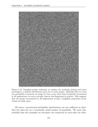 CHAPTER 5. MACHINE LEARNING BASICS
Figure 5.12: Sampling images uniformly at random (by randomly picking each pixel
according to a uniform distribution) gives rise to noisy images. Although there is a non-
zero probability to generate an image of a face or any other object frequently encountered
in AI applications, we never actually observe this happening in practice. This suggests
that the images encountered in AI applications occupy a negligible proportion of the
volume of image space.
Of course, concentrated probability distributions are not suﬃcient to show
that the data lies on a reasonably small number of manifolds. We must also
establish that the examples we encounter are connected to each other by other
163
 