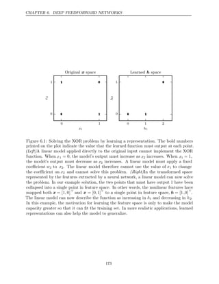 CHAPTER 6. DEEP FEEDFORWARD NETWORKS
0 1
x1
0
1
x
2
Original space
x
0 1 2
h1
0
1
h
2
Learned space
h
Figure 6.1: Solving the XOR problem by learning a representation. The bold numbers
printed on the plot indicate the value that the learned function must output at each point.
(Left)A linear model applied directly to the original input cannot implement the XOR
function. When x1 = 0, the model’s output must increase as x2 increases. When x1 = 1,
the model’s output must decrease as x2 increases. A linear model must apply a ﬁxed
coeﬃcient w2 to x2. The linear model therefore cannot use the value of x1 to change
the coeﬃcient on x2 and cannot solve this problem. (Right)In the transformed space
represented by the features extracted by a neural network, a linear model can now solve
the problem. In our example solution, the two points that must have output have been
1
collapsed into a single point in feature space. In other words, the nonlinear features have
mapped both x = [1, 0]
and x = [0,1]
to a single point in feature space, h = [1 ,0]
.
The linear model can now describe the function as increasing in h1 and decreasing in h2.
In this example, the motivation for learning the feature space is only to make the model
capacity greater so that it can ﬁt the training set. In more realistic applications, learned
representations can also help the model to generalize.
173
 