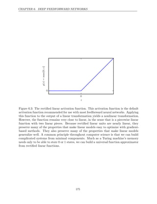 CHAPTER 6. DEEP FEEDFORWARD NETWORKS
0
z
0
g
z
(
)
=
max
0
{
,
z}
Figure 6.3: The rectiﬁed linear activation function. This activation function is the default
activation function recommended for use with most feedforward neural networks. Applying
this function to the output of a linear transformation yields a nonlinear transformation.
However, the function remains very close to linear, in the sense that is a piecewise linear
function with two linear pieces. Because rectiﬁed linear units are nearly linear, they
preserve many of the properties that make linear models easy to optimize with gradient-
based methods. They also preserve many of the properties that make linear models
generalize well. A common principle throughout computer science is that we can build
complicated systems from minimal components. Much as a Turing machine’s memory
needs only to be able to store 0 or 1 states, we can build a universal function approximator
from rectiﬁed linear functions.
175
 