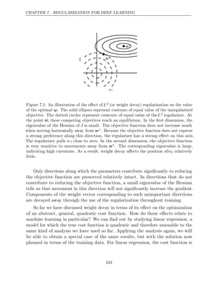 CHAPTER 7. REGULARIZATION FOR DEEP LEARNING
w1
w
2
w∗
w̃
Figure 7.1: An illustration of the eﬀect ofL2 (or weight decay) regularization on the value
of the optimal w. The solid ellipses represent contours of equal value of the unregularized
objective. The dotted circles represent contours of equal value of theL2 regularizer. At
the point w̃, these competing objectives reach an equilibrium. In the ﬁrst dimension, the
eigenvalue of the Hessian of J is small. The objective function does not increase much
when moving horizontally away from w∗. Because the objective function does not express
a strong preference along this direction, the regularizer has a strong eﬀect on this axis.
The regularizer pulls w1 close to zero. In the second dimension, the objective function
is very sensitive to movements away from w∗
. The corresponding eigenvalue is large,
indicating high curvature. As a result, weight decay aﬀects the position ofw2 relatively
little.
Only directions along which the parameters contribute signiﬁcantly to reducing
the objective function are preserved relatively intact. In directions that do not
contribute to reducing the objective function, a small eigenvalue of the Hessian
tells us that movement in this direction will not signiﬁcantly increase the gradient.
Components of the weight vector corresponding to such unimportant directions
are decayed away through the use of the regularization throughout training.
So far we have discussed weight decay in terms of its eﬀect on the optimization
of an abstract, general, quadratic cost function. How do these eﬀects relate to
machine learning in particular? We can ﬁnd out by studying linear regression, a
model for which the true cost function is quadratic and therefore amenable to the
same kind of analysis we have used so far. Applying the analysis again, we will
be able to obtain a special case of the same results, but with the solution now
phrased in terms of the training data. For linear regression, the cost function is
233
 