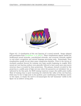 CHAPTER 8. OPTIMIZATION FOR TRAINING DEEP MODELS
Projection 2 of θ
Projection 1 of θ
J(
)
θ
Figure 8.2: A visualization of the cost function of a neural network. Image adapted
with permission from Goodfellow 2015
et al. ( ). These visualizations appear similar for
feedforward neural networks, convolutional networks, and recurrent networks applied
to real object recognition and natural language processing tasks. Surprisingly, these
visualizations usually do not show many conspicuous obstacles. Prior to the success of
stochastic gradient descent for training very large models beginning in roughly 2012,
neural net cost function surfaces were generally believed to have much more non-convex
structure than is revealed by these projections. The primary obstacle revealed by this
projection is a saddle point of high cost near where the parameters are initialized, but, as
indicated by the blue path, the SGD training trajectory escapes this saddle point readily.
Most of training time is spent traversing the relatively ﬂat valley of the cost function,
which may be due to high noise in the gradient, poor conditioning of the Hessian matrix
in this region, or simply the need to circumnavigate the tall “mountain” visible in the
ﬁgure via an indirect arcing path.
287
 