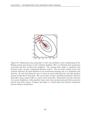CHAPTER 8. OPTIMIZATION FOR TRAINING DEEP MODELS
− − −
30 20 10 0 10 20
−30
−20
−10
0
10
20
Figure 8.5: Momentum aims primarily to solve two problems: poor conditioning of the
Hessian matrix and variance in the stochastic gradient. Here, we illustrate how momentum
overcomes the ﬁrst of these two problems. The contour lines depict a quadratic loss
function with a poorly conditioned Hessian matrix. The red path cutting across the
contours indicates the path followed by the momentum learning rule as it minimizes this
function. At each step along the way, we draw an arrow indicating the step that gradient
descent would take at that point. We can see that a poorly conditioned quadratic objective
looks like a long, narrow valley or canyon with steep sides. Momentum correctly traverses
the canyon lengthwise, while gradient steps waste time moving back and forth across the
narrow axis of the canyon. Compare also ﬁgure , which shows the behavior of gradient
4.6
descent without momentum.
297
 
