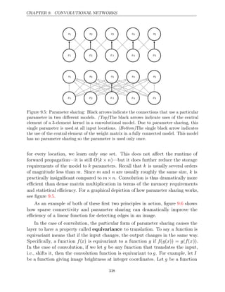CHAPTER 9. CONVOLUTIONAL NETWORKS
x1
x1 x2
x2 x3
x3
s2
s2
s1
s1 s3
s3
x4
x4
s4
s4
x5
x5
s5
s5
x1
x1 x2
x2 x3
x3 x4
x4 x5
x5
s2
s2
s1
s1 s3
s3 s4
s4 s5
s5
Figure 9.5: Parameter sharing: Black arrows indicate the connections that use a particular
parameter in two diﬀerent models. (Top)The black arrows indicate uses of the central
element of a 3-element kernel in a convolutional model. Due to parameter sharing, this
single parameter is used at all input locations. The single black arrow indicates
(Bottom)
the use of the central element of the weight matrix in a fully connected model. This model
has no parameter sharing so the parameter is used only once.
for every location, we learn only one set. This does not aﬀect the runtime of
forward propagation—it is still O(k n
× )—but it does further reduce the storage
requirements of the model to k parameters. Recall that k is usually several orders
of magnitude less than m. Since m and n are usually roughly the same size, k is
practically insigniﬁcant compared to m n
× . Convolution is thus dramatically more
eﬃcient than dense matrix multiplication in terms of the memory requirements
and statistical eﬃciency. For a graphical depiction of how parameter sharing works,
see ﬁgure .
9.5
As an example of both of these ﬁrst two principles in action, ﬁgure shows
9.6
how sparse connectivity and parameter sharing can dramatically improve the
eﬃciency of a linear function for detecting edges in an image.
In the case of convolution, the particular form of parameter sharing causes the
layer to have a property called equivariance to translation. To say a function is
equivariant means that if the input changes, the output changes in the same way.
Speciﬁcally, a function f(x) is equivariant to a function g if f(g(x)) = g(f(x)).
In the case of convolution, if we let g be any function that translates the input,
i.e., shifts it, then the convolution function is equivariant to g. For example, let I
be a function giving image brightness at integer coordinates. Let g be a function
338
 