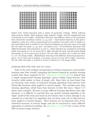 CHAPTER 9. CONVOLUTIONAL NETWORKS
Figure 9.18: Gabor functions with a variety of parameter settings. White indicates
large positive weight, black indicates large negative weight, and the background gray
corresponds to zero weight. (Left)Gabor functions with diﬀerent values of the parameters
that control the coordinate system: x0, y0, and τ. Each Gabor function in this grid is
assigned a value of x0 and y0 proportional to its position in its grid, and τ is chosen so
that each Gabor ﬁlter is sensitive to the direction radiating out from the center of the grid.
For the other two plots, x0, y0, and τ are ﬁxed to zero. Gabor functions with
(Center)
diﬀerent Gaussian scale parameters βx and βy . Gabor functions are arranged in increasing
width (decreasing βx) as we move left to right through the grid, and increasing height
(decreasing βy) as we move top to bottom. For the other two plots, the β values are ﬁxed
to 1.5× the image width. Gabor functions with diﬀerent sinusoid parameters
(Right) f
and φ. As we move top to bottom, f increases, and as we move left to right, φ increases.
For the other two plots, is ﬁxed to 0 and is ﬁxed to 5 the image width.
φ f ×
(replacing black with white and vice versa).
Some of the most striking correspondences between neuroscience and machine
learning come from visually comparing the features learned by machine learning
models with those employed by V1. ( ) showed that
Olshausen and Field 1996
a simple unsupervised learning algorithm, sparse coding, learns features with
receptive ﬁelds similar to those of simple cells. Since then, we have found that
an extremely wide variety of statistical learning algorithms learn features with
Gabor-like functions when applied to natural images. This includes most deep
learning algorithms, which learn these features in their ﬁrst layer. Figure 9.19
shows some examples. Because so many diﬀerent learning algorithms learn edge
detectors, it is diﬃcult to conclude that any speciﬁc learning algorithm is the
“right” model of the brain just based on the features that it learns (though it can
certainly be a bad sign if an algorithm does learn some sort of edge detector
not
when applied to natural images). These features are an important part of the
statistical structure of natural images and can be recovered by many diﬀerent
approaches to statistical modeling. See Hyvärinen 2009
et al. ( ) for a review of the
ﬁeld of natural image statistics.
370
 