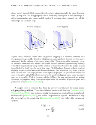 CHAPTER 10. SEQUENCE MODELING: RECURRENT AND RECURSIVE NETS
decay slowly enough that consecutive steps have approximately the same learning
rate. A step size that is appropriate for a relatively linear part of the landscape is
often inappropriate and causes uphill motion if we enter a more curved part of the
landscape on the next step.














Figure 10.17: Example of the eﬀect of gradient clipping in a recurrent network with
two parameters w and b. Gradient clipping can make gradient descent perform more
reasonably in the vicinity of extremely steep cliﬀs. These steep cliﬀs commonly occur
in recurrent networks near where a recurrent network behaves approximately linearly.
The cliﬀ is exponentially steep in the number of time steps because the weight matrix
is multiplied by itself once for each time step. (Left)Gradient descent without gradient
clipping overshoots the bottom of this small ravine, then receives a very large gradient
from the cliﬀ face. The large gradient catastrophically propels the parameters outside the
axes of the plot. Gradient descent with gradient clipping has a more moderate
(Right)
reaction to the cliﬀ. While it does ascend the cliﬀ face, the step size is restricted so that
it cannot be propelled away from steep region near the solution. Figure adapted with
permission from Pascanu 2013
et al. ( ).
A simple type of solution has been in use by practitioners for many years:
clipping the gradient. There are diﬀerent instances of this idea (Mikolov 2012
, ;
Pascanu 2013
et al., ). One option is to clip the parameter gradient from a minibatch
element-wise (Mikolov 2012
, ) just before the parameter update. Another is to clip
the norm || ||
g of the gradient g (Pascanu 2013
et al., ) just before the parameter
update:
if || ||
g > v (10.48)
g ←
gv
|| ||
g
(10.49)
414
 