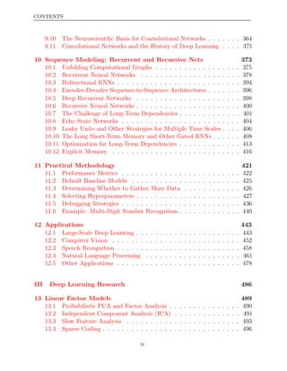 CONTENTS
9.10 The Neuroscientiﬁc Basis for Convolutional Networks . . . . . . . 364
9.11 Convolutional Networks and the History of Deep Learning . . . . 371
10 Sequence Modeling: Recurrent and Recursive Nets 373
10.1 Unfolding Computational Graphs . . . . . . . . . . . . . . . . . . 375
10.2 Recurrent Neural Networks . . . . . . . . . . . . . . . . . . . . . 378
10.3 Bidirectional RNNs . . . . . . . . . . . . . . . . . . . . . . . . . . 394
10.4 Encoder-Decoder Sequence-to-Sequence Architectures . . . . . . . 396
10.5 Deep Recurrent Networks . . . . . . . . . . . . . . . . . . . . . . 398
10.6 Recursive Neural Networks . . . . . . . . . . . . . . . . . . . . . . 400
10.7 The Challenge of Long-Term Dependencies . . . . . . . . . . . . . 401
10.8 Echo State Networks . . . . . . . . . . . . . . . . . . . . . . . . . 404
10.9 Leaky Units and Other Strategies for Multiple Time Scales . . . . 406
10.10 The Long Short-Term Memory and Other Gated RNNs . . . . . . 408
10.11 Optimization for Long-Term Dependencies . . . . . . . . . . . . . 413
10.12 Explicit Memory . . . . . . . . . . . . . . . . . . . . . . . . . . . 416
11 Practical Methodology 421
11.1 Performance Metrics . . . . . . . . . . . . . . . . . . . . . . . . . 422
11.2 Default Baseline Models . . . . . . . . . . . . . . . . . . . . . . . 425
11.3 Determining Whether to Gather More Data . . . . . . . . . . . . 426
11.4 Selecting Hyperparameters . . . . . . . . . . . . . . . . . . . . . . 427
11.5 Debugging Strategies . . . . . . . . . . . . . . . . . . . . . . . . . 436
11.6 Example: Multi-Digit Number Recognition . . . . . . . . . . . . . 440
12 Applications 443
12.1 Large-Scale Deep Learning . . . . . . . . . . . . . . . . . . . . . . 443
12.2 Computer Vision . . . . . . . . . . . . . . . . . . . . . . . . . . . 452
12.3 Speech Recognition . . . . . . . . . . . . . . . . . . . . . . . . . . 458
12.4 Natural Language Processing . . . . . . . . . . . . . . . . . . . . 461
12.5 Other Applications . . . . . . . . . . . . . . . . . . . . . . . . . . 478
III Deep Learning Research 486
13 Linear Factor Models 489
13.1 Probabilistic PCA and Factor Analysis . . . . . . . . . . . . . . . 490
13.2 Independent Component Analysis (ICA) . . . . . . . . . . . . . . 491
13.3 Slow Feature Analysis . . . . . . . . . . . . . . . . . . . . . . . . 493
13.4 Sparse Coding . . . . . . . . . . . . . . . . . . . . . . . . . . . . . 496
iv
 