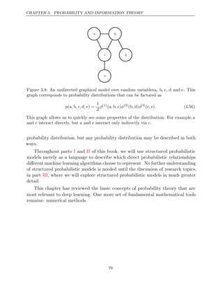 CHAPTER 3. PROBABILITY AND INFORMATION THEORY
a
a
c
c
b
b
e
e
d
d
Figure 3.8: An undirected graphical model over random variablesa, b, c, d and e. This
graph corresponds to probability distributions that can be factored as
p , , , ,
(a b c d e) =
1
Z
φ(1)
( )
a b c
, , φ(2)
( )
b d
, φ(3)
( )
c e
, . (3.56)
This graph allows us to quickly see some properties of the distribution. For example,a
and c interact directly, but a and e interact only indirectly via c.
probability distribution, but any probability distribution may be described in both
ways.
Throughout parts and of this book, we will use structured probabilistic
I II
models merely as a language to describe which direct probabilistic relationships
diﬀerent machine learning algorithms choose to represent. No further understanding
of structured probabilistic models is needed until the discussion of research topics,
in part , where we will explore structured probabilistic models in much greater
III
detail.
This chapter has reviewed the basic concepts of probability theory that are
most relevant to deep learning. One more set of fundamental mathematical tools
remains: numerical methods.
79
 