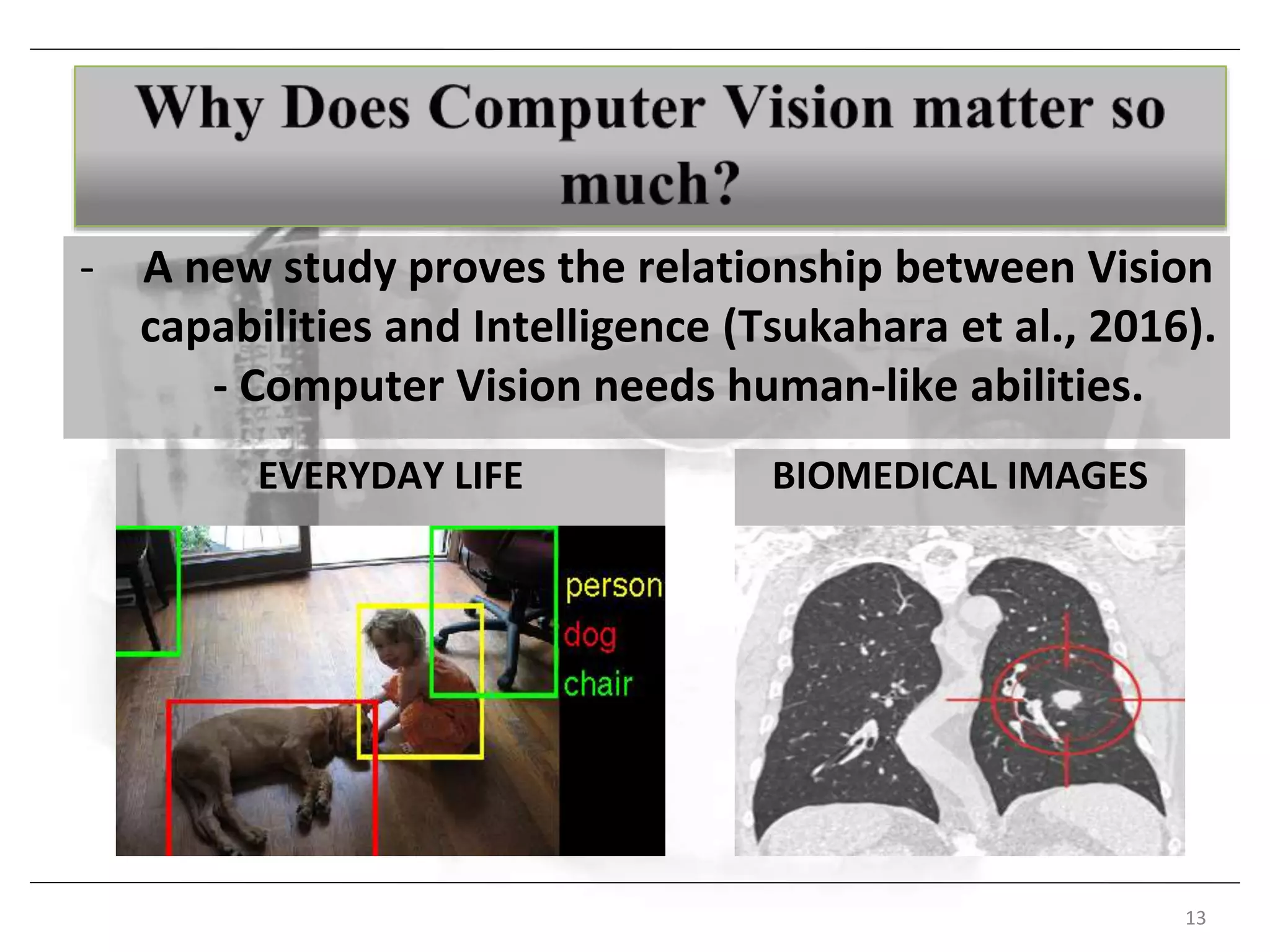 13
- A new study proves the relationship between Vision
capabilities and Intelligence (Tsukahara et al., 2016).
- Computer Vision needs human-like abilities.
EVERYDAY LIFE BIOMEDICAL IMAGES
 