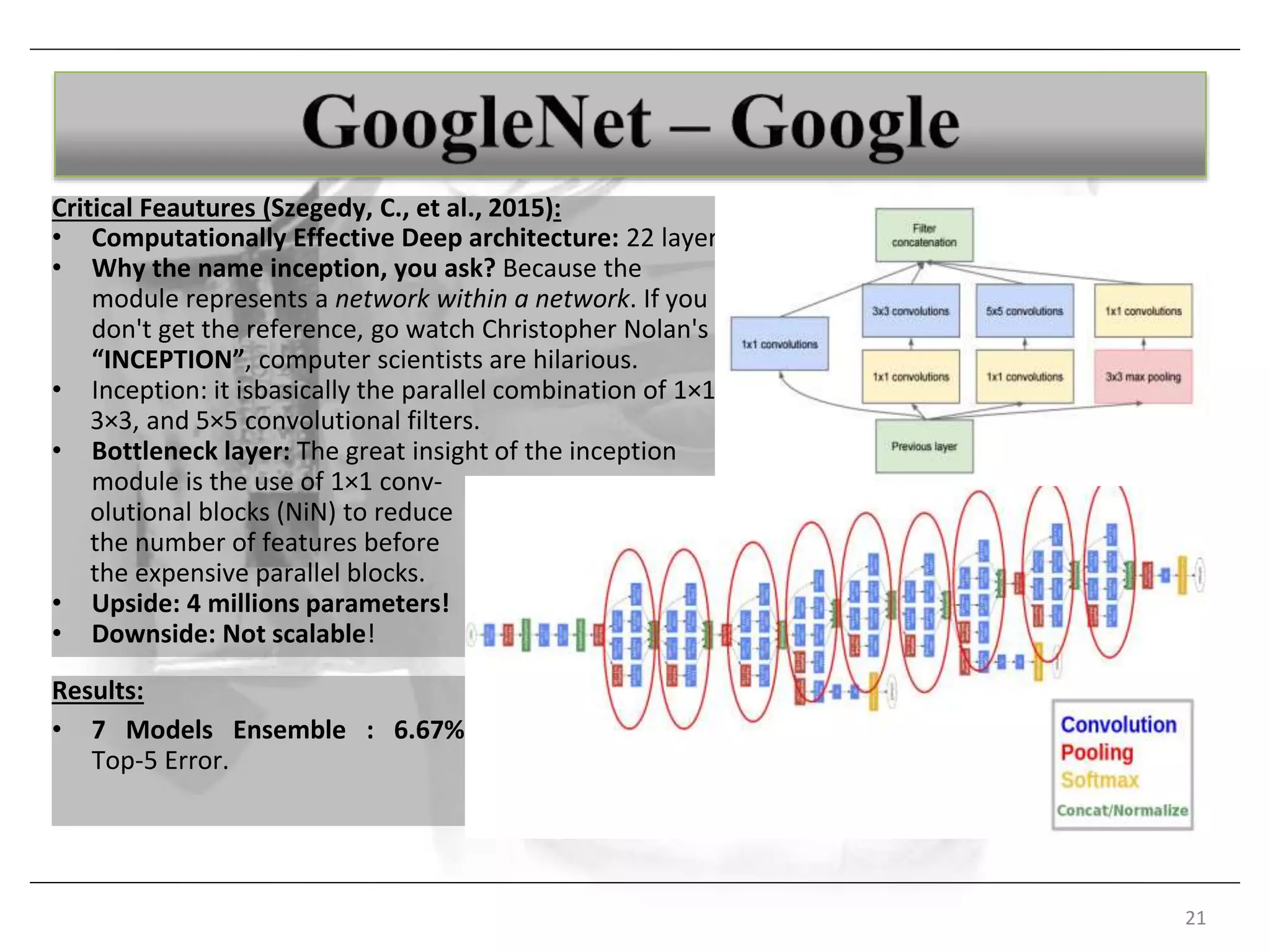 21
Critical Feautures (Szegedy, C., et al., 2015):
• Computationally Effective Deep architecture: 22 layers
• Why the name inception, you ask? Because the
module represents a network within a network. If you
don't get the reference, go watch Christopher Nolan's
“INCEPTION”, computer scientists are hilarious.
• Inception: it isbasically the parallel combination of 1×1
3×3, and 5×5 convolutional filters.
• Bottleneck layer: The great insight of the inception
module is the use of 1×1 conv-
olutional blocks (NiN) to reduce
the number of features before
the expensive parallel blocks.
• Upside: 4 millions parameters!
• Downside: Not scalable!
Results:
• 7 Models Ensemble : 6.67%
Top-5 Error.
 