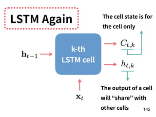 !142
k-th 
LSTM cell
LSTM Again The cell state is for
the cell only
The output of a cell
will “share” with
other cells
 