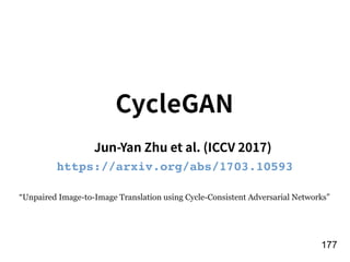 !177
Jun-Yan Zhu et al. (ICCV 2017)
“Unpaired Image-to-Image Translation using Cycle-Consistent Adversarial Networks”
CycleGAN
https://arxiv.org/abs/1703.10593
 