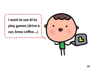 !26
I want to use AI to
play games (drive a
car, brew coﬀee...)
 