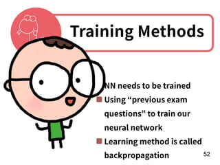 !52
NN needs to be trained
Using “previous exam
questions” to train our
neural network
Learning method is called
backpropagation
Training Methods
 