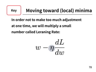 !78
In order not to make too much adjustment
at one time, we will multiply a small
number called Leraning Rate:
Moving toward (local) minimaKey
 