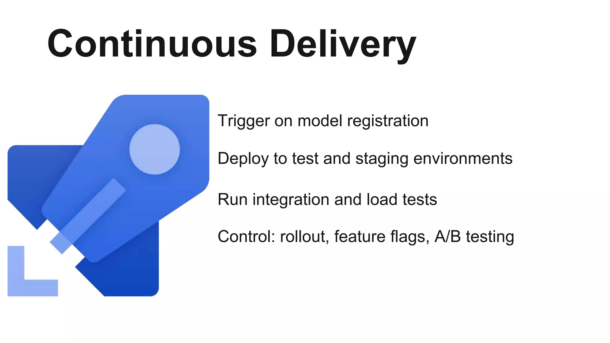 Trigger on model registration
Deploy to test and staging environments
Run integration and load tests
Control: rollout, feature flags, A/B testing
Continuous Delivery
 
