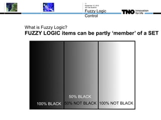 What is Fuzzy Logic?
FUZZY LOGIC items can be partly ‘member’ of a SET
September 10, 2015
Jan Eite Bullema
Fuzzy Logic
Control
11
50% BLACK
50% NOT BLACK100% BLACK 100% NOT BLACK
 