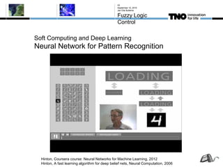 Soft Computing and Deep Learning
Neural Network for Pattern Recognition
September 10, 2015
Jan Eite Bullema
Fuzzy Logic
Control
43
Hinton, Coursera course: Neural Networks for Machine Learning, 2012
Hinton, A fast learning algorithm for deep belief nets, Neural Computation, 2006
 