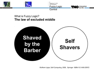 What is Fuzzy Logic?
The law of excluded middle
September 10, 2015
Jan Eite Bullema
Fuzzy Logic
Control
6
Shaved
by the
Barber
Self
Shavers
Wolfram Lippe, Soft Computing, 2006, Springer ISBN-10 3-540-20972
 