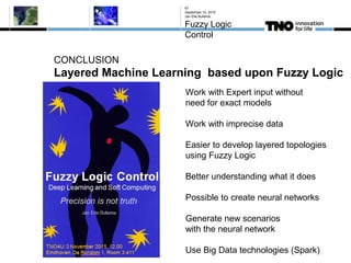 CONCLUSION
Layered Machine Learning based upon Fuzzy Logic
September 10, 2015
Jan Eite Bullema
Fuzzy Logic
Control
67
Work with Expert input without
need for exact models
Work with imprecise data
Easier to develop layered topologies
using Fuzzy Logic
Better understanding what it does
Possible to create neural networks
Generate new scenarios
with the neural network
Use Big Data technologies (Spark)
 