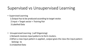 Supervised vs Unsupervised Learning
• Supervised Learning
1.Output has to be produced according to target vector.
2.Input + Target vector = Training Pair
3.Labelled Data
• Unsupervised Learning ( self Organising)
1.Network receives input patterns to form clusters.
2.When a new input pattern is applied , output gives the class the input pattern
belongs to
3.Unlabelled Data
 