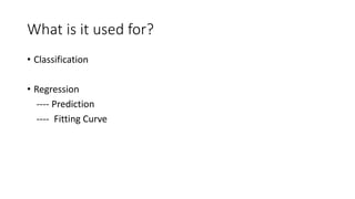 What is it used for?
• Classification
• Regression
---- Prediction
---- Fitting Curve
 